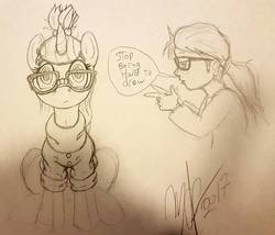 Size: 1303x1117 | Tagged: safe, artist:artponymdp, moondancer, human, pony, g4, glasses, human ponidox, humanized, monochrome, ponytail, self ponidox, sitting, sketch, traditional art