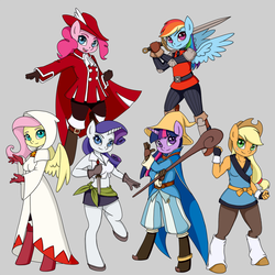 Size: 1024x1024 | Tagged: safe, artist:w00tnewt, applejack, fluttershy, pinkie pie, rainbow dash, rarity, twilight sparkle, earth pony, pegasus, unicorn, anthro, unguligrade anthro, g4, belly button, black mage, character class, clothes, cosplay, costume, fantasy class, female, fighter, final fantasy, mane six, midriff, monk, red mage, thief, warrior, white mage