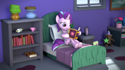 Size: 1920x1080 | Tagged: safe, artist:tehwatever, starlight glimmer, pony, unicorn, fame and misfortune, g4, 3d, anatomically incorrect, bed, book, cup, female, friendship journal, gmod, hoof hold, incorrect leg anatomy, mare, pillow, reading, sitting, solo, starlight's room, teacup
