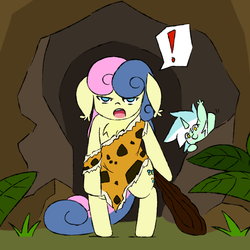Size: 2000x2000 | Tagged: safe, artist:grim ponka, bon bon, lyra heartstrings, sweetie drops, earth pony, pony, unicorn, g4, atg 2017, bipedal, blush sticker, blushing, cave, caveman, cavemare, chest fluff, club (weapon), duo, exclamation point, high res, loincloth, newbie artist training grounds