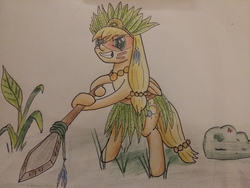 Size: 4128x3096 | Tagged: safe, artist:sirbevian, pony, atg 2017, aztec, newbie artist training grounds, solo, spear, traditional art, tribal, warrior, weapon