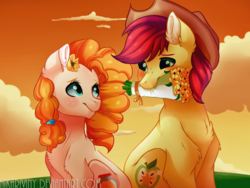 Size: 1024x769 | Tagged: dead source, safe, artist:hikariviny, bright mac, pear butter, earth pony, pony, g4, the perfect pear, bouquet, cute, female, flower, flower in mouth, male, mouth hold, ship:brightbutter, shipping, straight