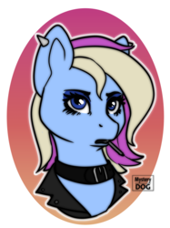 Size: 1720x2296 | Tagged: safe, artist:mysterydog121, oc, oc only, oc:eve scintilla, oc:plasmic snake, earth pony, pony, alternate universe, bust, cigarette, collar, eyelashes, piercing, portrait, solo