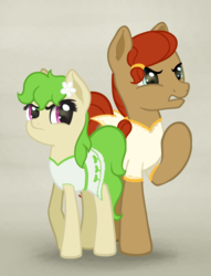 Size: 794x1037 | Tagged: safe, artist:nimaru, oc, oc only, oc:blood orange, oc:orangcicle, earth pony, pony, clothes, female, flower, flower in hair, male, mare, previous generation, simple background, stallion, tan background