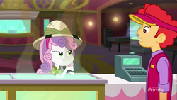 Size: 1280x720 | Tagged: safe, screencap, sweetie belle, equestria girls, g4, my little pony equestria girls: summertime shorts, the canterlot movie club, background human, cinema, discovery family logo, eating, hat, magma rise, unnamed character, unnamed human