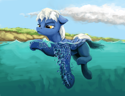 Size: 1138x876 | Tagged: safe, artist:da-exile, oc, oc only, pegasus, pony, bubble, cute, female, floppy ears, frown, glare, lidded eyes, mare, river, solo, swimming, unamused, underhoof, water, wet, wet mane