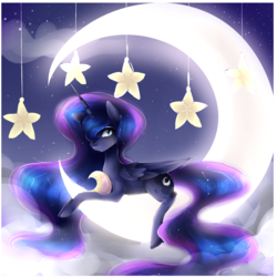 Size: 2000x2000 | Tagged: safe, artist:nutellaakanutella, princess luna, alicorn, pony, g4, cloud, crescent moon, female, hair over one eye, high res, looking at you, mare, missing accessory, mobile, moon, night, prone, solo, stars, tangible heavenly object