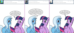 Size: 1808x800 | Tagged: safe, artist:dekomaru, trixie, twilight sparkle, pony, tumblr:ask twixie, g4, ask, belly button, female, lesbian, pregnant, ship:twixie, shipping, sitting, tumblr