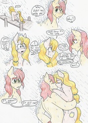 Size: 4601x6439 | Tagged: safe, artist:flicker-show, bright mac, pear butter, earth pony, pony, g4, the perfect pear, absurd resolution, dialogue, female, kissing, male, mare, rain, ship:brightbutter, shipping, speech bubble, stallion, straight, the notebook, traditional art, wet mane