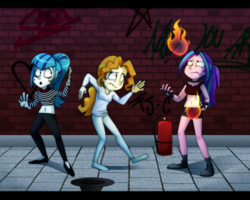 Size: 800x641 | Tagged: safe, artist:fj-c, adagio dazzle, aria blaze, sonata dusk, equestria girls, g4, belly button, busking, clothes, female, fire, midriff, mime, short shirt, the dazzlings, this will not end well, trio, trio female
