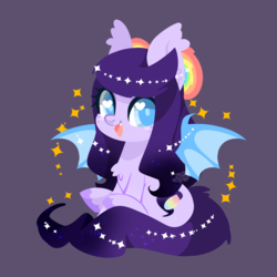 Size: 1024x1024 | Tagged: safe, artist:snow angel, oc, oc only, oc:iridescent opaline, bat pony, pony, art trade, bat pony oc, chibi, cute, female, heart eyes, looking at you, mare, ocbetes, open mouth, purple background, simple background, sitting, smiling, solo, wingding eyes