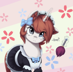 Size: 1938x1900 | Tagged: safe, artist:mrscroup, oc, oc only, oc:flake, pony, unicorn, bow, clothes, cute, cyrillic, duster, female, glowing horn, hair bow, horn, magic, maid, mare, rule 63, russian, solo, telekinesis