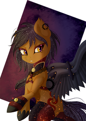 Size: 2300x3208 | Tagged: safe, artist:silvia-zero, oc, oc only, oc:whirlwind dust, bat pony, pony, vampire, vampony, artificial wings, augmented, choker, clock, clothes, collar, commission, female, gears, harness, high res, lace, makeup, mechanical wing, socks, solo, sparkly mane, sparks, steampunk, tack, thigh highs, watch, wings, ych result