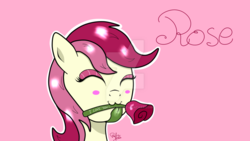 Size: 1024x576 | Tagged: safe, artist:susanzx2000, roseluck, pony, g4, female, filly, flower, flower in mouth, love, mouth hold, rose, solo, watermark