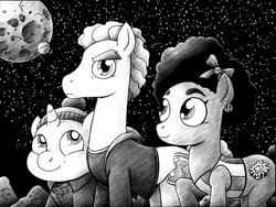 Size: 1280x962 | Tagged: safe, artist:drakefenwick, doctor whooves, time turner, earth pony, pony, unicorn, g4, bill potts, black and white, doctor who, eyebrows, grayscale, matt lucas, monochrome, moon, nardole, night, night sky, pearl mackie, peter capaldi, ponified, sky, twelfth doctor