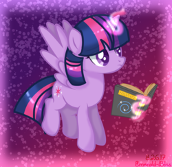 Size: 3500x3400 | Tagged: safe, artist:emerald-bliss, twilight sparkle, alicorn, pony, g4, book, female, flying, glowing horn, high res, horn, levitation, magic, solo, telekinesis, twilight sparkle (alicorn)