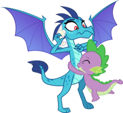 Size: 4197x3845 | Tagged: safe, artist:frownfactory, princess ember, spike, dragon, g4, triple threat, .svg available, :s, colored wings, female, hug, male, multicolored wings, red eyes, simple background, svg, transparent background, uncomfortable, vector, wavy mouth, wings