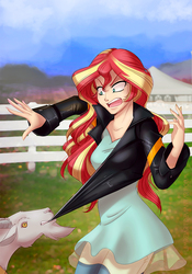 Size: 700x1000 | Tagged: safe, artist:limreiart, sunset shimmer, goat, fanfic:long road to friendship, equestria girls, g4, chewing, clothes, eating, fanfic, fanfic art, female, fence, grass, human coloration, jacket, open mouth, pulling, shirt, solo
