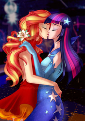 Size: 700x1000 | Tagged: safe, artist:limreiart, sunset shimmer, twilight sparkle, human, fanfic:long road to friendship, equestria girls, g4, backless, blushing, clothes, dress, evening gloves, eyes closed, fanfic, fanfic art, female, flower, flower in hair, gala dress, gloves, human coloration, kissing, lesbian, long gloves, ship:sunsetsparkle, shipping