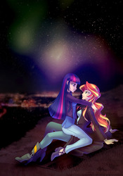 Size: 700x1000 | Tagged: safe, artist:limreiart, sunset shimmer, twilight sparkle, fanfic:long road to friendship, equestria girls, g4, aurora borealis, duo, fanfic, fanfic art, female, hug, human coloration, lesbian, night, ship:sunsetsparkle, shipping, stars