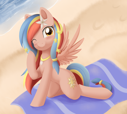 Size: 1344x1205 | Tagged: safe, artist:dusthiel, oc, oc only, oc:pearl shine, pegasus, pony, beach, blushing, female, mare, nation ponies, one eye closed, philippines, ponified, solo, wink