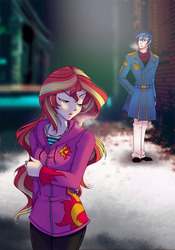Size: 700x1000 | Tagged: safe, artist:limreiart, shining armor, sunset shimmer, fanfic:long road to friendship, equestria girls, g4, clothes, duo, fanfic, fanfic art, hoodie, human coloration, scarf