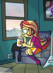 Size: 999x1378 | Tagged: safe, artist:psychodiamondstar, pinkie pie, rarity, sunset shimmer, equestria girls, g4, clothes, coffee, cup, electric guitar, female, guitar, mug, musical instrument, sad, shirt, sitting, solo, window