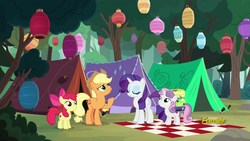 Size: 1920x1080 | Tagged: safe, screencap, apple bloom, applejack, rarity, sweetie belle, earth pony, pony, campfire tales, g4, camping, discovery family logo, forest, lantern, paper lantern, tent