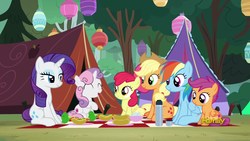 Size: 1920x1080 | Tagged: safe, screencap, apple bloom, applejack, rainbow dash, rarity, scootaloo, sweetie belle, pony, campfire tales, g4, camping, cutie mark crusaders, discovery family logo, forest, tent
