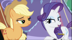 Size: 1322x742 | Tagged: safe, screencap, applejack, rarity, pony, campfire tales, g4, discovery family logo