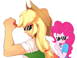 Size: 1600x1209 | Tagged: safe, artist:maren, applejack, pinkie pie, equestria girls, g4, applejacked, clothes, cowboy hat, duo, freckles, hat, muscles, shirt, simple background, smiling, stetson, sunglasses, thumbs up, white background