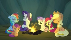 Size: 1920x1080 | Tagged: safe, screencap, apple bloom, applejack, rainbow dash, rarity, scootaloo, sweetie belle, earth pony, pegasus, pony, unicorn, campfire tales, g4, cutie mark crusaders, discovery family logo, female, fire, fly-der bite, mare, mosquito bite, red nosed, sitting