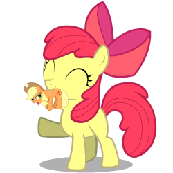 Size: 800x800 | Tagged: safe, artist:darkgloones, artist:dstears, edit, apple bloom, applejack, earth pony, pony, g4, adorabloom, angry, animated, applejack is not amused, appletini, carrying, cute, eyes closed, female, gif, micro, mouth hold, simple background, unamused, white background