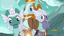 Size: 1920x1080 | Tagged: safe, screencap, rockhoof, sun cross, thorhelm hammerflank, yggdra silverhelm, pegasus, pony, campfire tales, g4, armor, beard, discovery family logo, eyes closed, facial hair, female, frown, grin, gritted teeth, group hug, headband, helmet, hug, male, mare, mighty helm, moustache, size difference, smiling, stallion