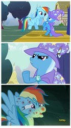 Size: 936x1682 | Tagged: safe, edit, edited screencap, screencap, rainbow dash, trixie, pony, boast busters, campfire tales, g4, comic, discovery family logo, fly-der bite, red nosed, screencap comic