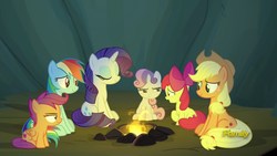 Size: 1920x1080 | Tagged: safe, screencap, apple bloom, applejack, rainbow dash, rarity, scootaloo, sweetie belle, earth pony, pony, campfire tales, g4, cutie mark crusaders, discovery family logo
