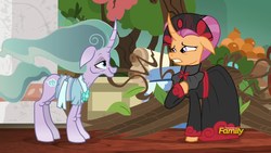 Size: 1920x1080 | Tagged: safe, screencap, mistmane, sable spirit, pony, unicorn, campfire tales, g4, age progression, age regression, discovery family logo, duo, duo female, ethereal mane, female, floppy ears, hoof on chest, looking at each other, mare, old, older, remorse, sacrifice, young, young sable spirit, younger