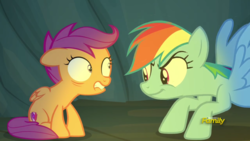 Size: 1920x1080 | Tagged: safe, screencap, rainbow dash, scootaloo, pony, campfire tales, g4, discovery family logo