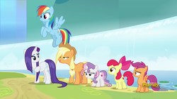 Size: 1920x1080 | Tagged: safe, screencap, apple bloom, applejack, rainbow dash, rarity, scootaloo, sweetie belle, earth pony, pegasus, pony, unicorn, campfire tales, g4, cutie mark crusaders, discovery family logo, flying, siblings, waterfall, wet, wet mane, wet mane applejack, wet mane rarity, wet mane sweetie belle