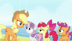 Size: 1920x1080 | Tagged: safe, screencap, apple bloom, applejack, scootaloo, sweetie belle, earth pony, pegasus, pony, unicorn, campfire tales, g4, adorabloom, applejack's hat, cowboy hat, cute, cutealoo, cutie mark crusaders, diasweetes, discovery family logo, female, filly, floral head wreath, flower, flower in hair, freckles, hat, looking at each other, mare, raised hoof