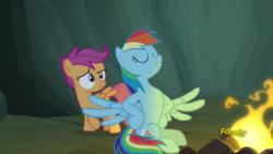 Size: 1920x1080 | Tagged: safe, screencap, rainbow dash, scootaloo, pegasus, pony, campfire tales, g4, 1080p, campfire, discovery family logo, female, filly, mare, puffed chest