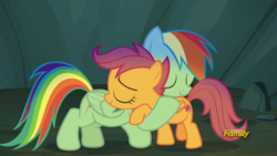 Size: 1920x1080 | Tagged: safe, screencap, rainbow dash, scootaloo, pegasus, pony, campfire tales, g4, cute, dark, discovery family logo, eyes closed, female, filly, hug, mare, raised hoof, scootalove, smiling