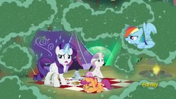 Size: 1920x1080 | Tagged: safe, screencap, rainbow dash, rarity, scootaloo, sweetie belle, fly-der, pegasus, pony, unicorn, campfire tales, g4, discovery family logo, female, filly, fly-der bite, force field, magic, mare, shield, sweetie belle's magic brings a great big smile