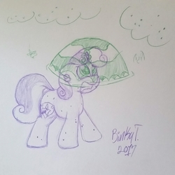 Size: 1823x1822 | Tagged: safe, artist:binkyt11, derpibooru exclusive, sweetie belle, fly-der, pony, unicorn, campfire tales, g4, bug bite, female, filly, fly-der bite, force field, magic, pencil drawing, scared, solo, sweetie belle's magic brings a great big smile, that was fast, traditional art