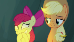 Size: 1920x1080 | Tagged: safe, screencap, apple bloom, applejack, earth pony, pony, campfire tales, g4, amused, applejack is best facemaker, cave, covering mouth, discovery family logo, duo, female, filly, foal, hair bow, looking at each other, mare, ponytail, raised eyebrow, siblings, sisters, smiling, smirk, smugjack