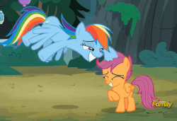Size: 733x501 | Tagged: safe, screencap, rainbow dash, scootaloo, pony, campfire tales, g4, animated, discovery family logo, female, gif, noogie, scootalove