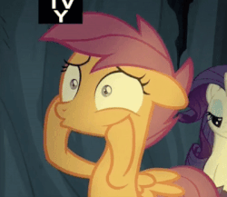 Size: 400x347 | Tagged: safe, screencap, rarity, scootaloo, pony, campfire tales, g4, animated, cropped, female, floppy ears, gif, panicking, solo focus, tv-y