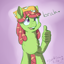 Size: 700x700 | Tagged: safe, artist:dwk, tree hugger, earth pony, pony, totally legit recap, g4, bandana, collaboration, colored sketch, dreadlocks, female, hand, mare, modern art, open mouth, optical illusion, smiling, solo, suddenly hands, thumbs up
