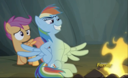 Size: 1060x650 | Tagged: safe, screencap, rainbow dash, scootaloo, pony, campfire tales, g4, cropped, discovery family logo, flexing, rainbow dash is best facemaker