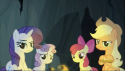 Size: 1320x742 | Tagged: safe, screencap, apple bloom, applejack, rarity, sweetie belle, earth pony, pony, campfire tales, g4, discovery family logo, unamused